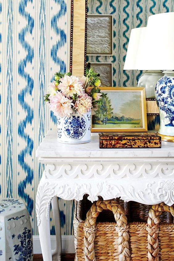 Sarah Bartholomew residence, entryway console table and bone mirror detail